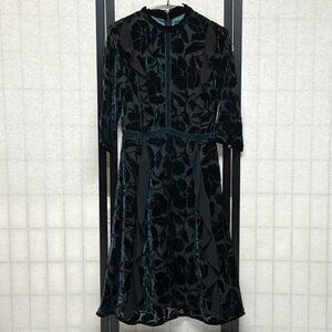 Rick Rhe Handmade Italy Silk Velvet Devore Ruffle Dress ¾ Sleeve Lined High Neck